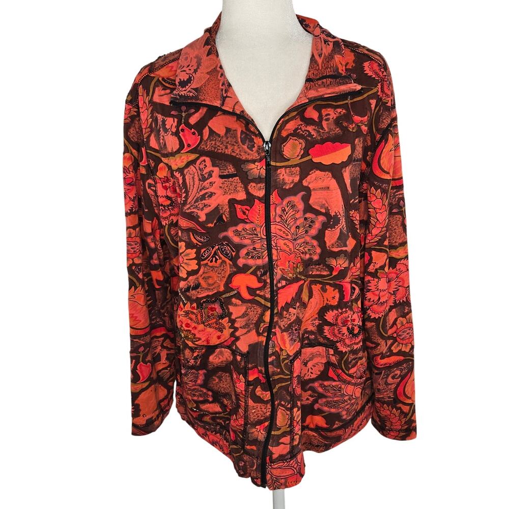 🏈 Chico's full zip Cotton sweatshirt beaded floral stretchy jacket XL 16 red